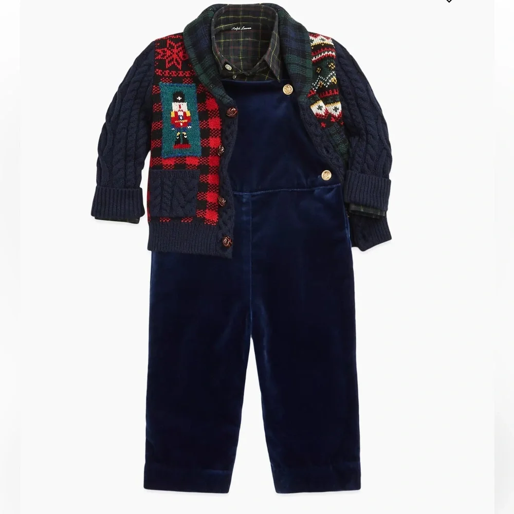 NWT Ralph Lauren Boys Cotton Shirt & Velvet Overall Set Holiday Christmas 12 Mos